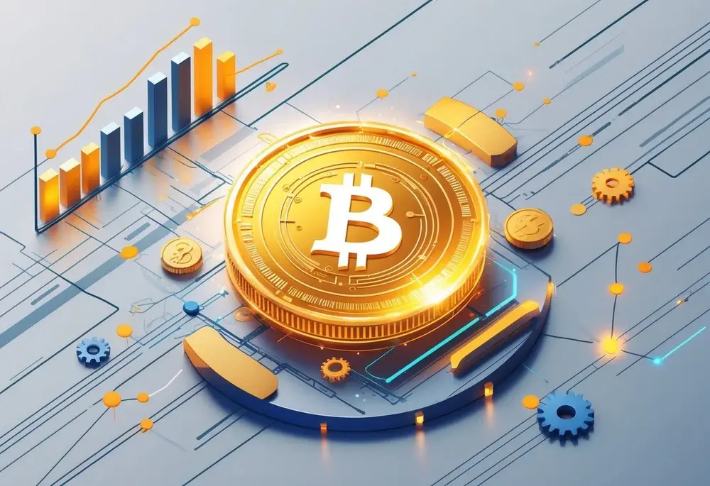 Eine digitale Münze mit leuchtenden Schaltkreisen, umgeben von abstrakten Symbolen für Finanzen und Technologie.