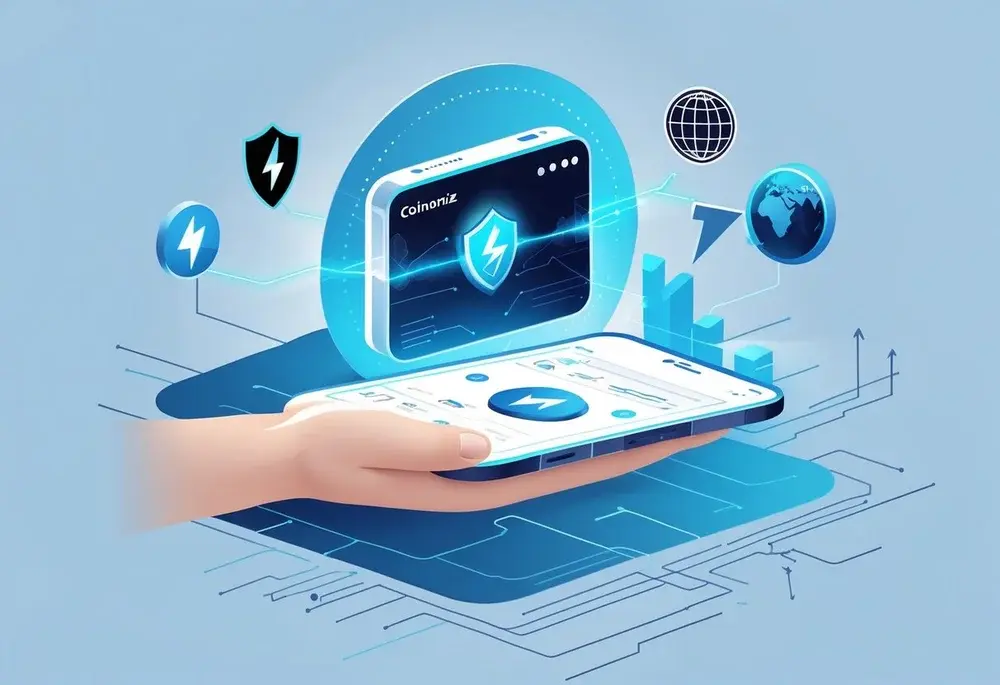 Eine digitale Brieftasche, die über einer Hand schwebt, umgeben von Symbolen für Sicherheit, Schnelligkeit, globale Zugänglichkeit und finanzielles Wachstum.