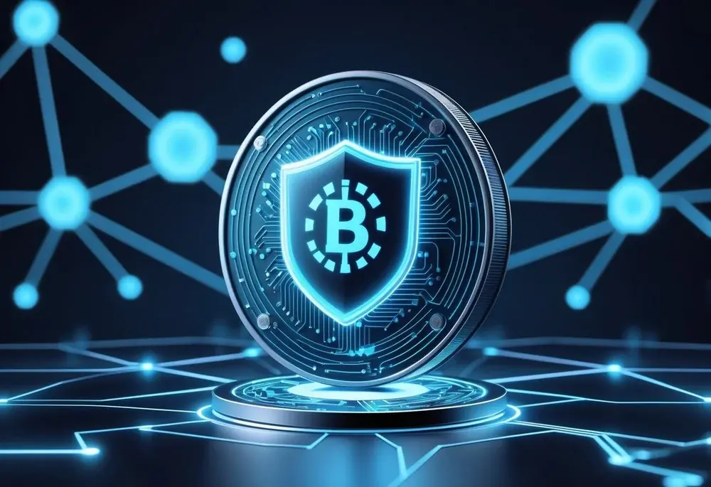 Eine digitale Darstellung einer leuchtenden Münze mit einem transparenten Schutzschild und vernetzten Blockchain-Knoten im Hintergrund.